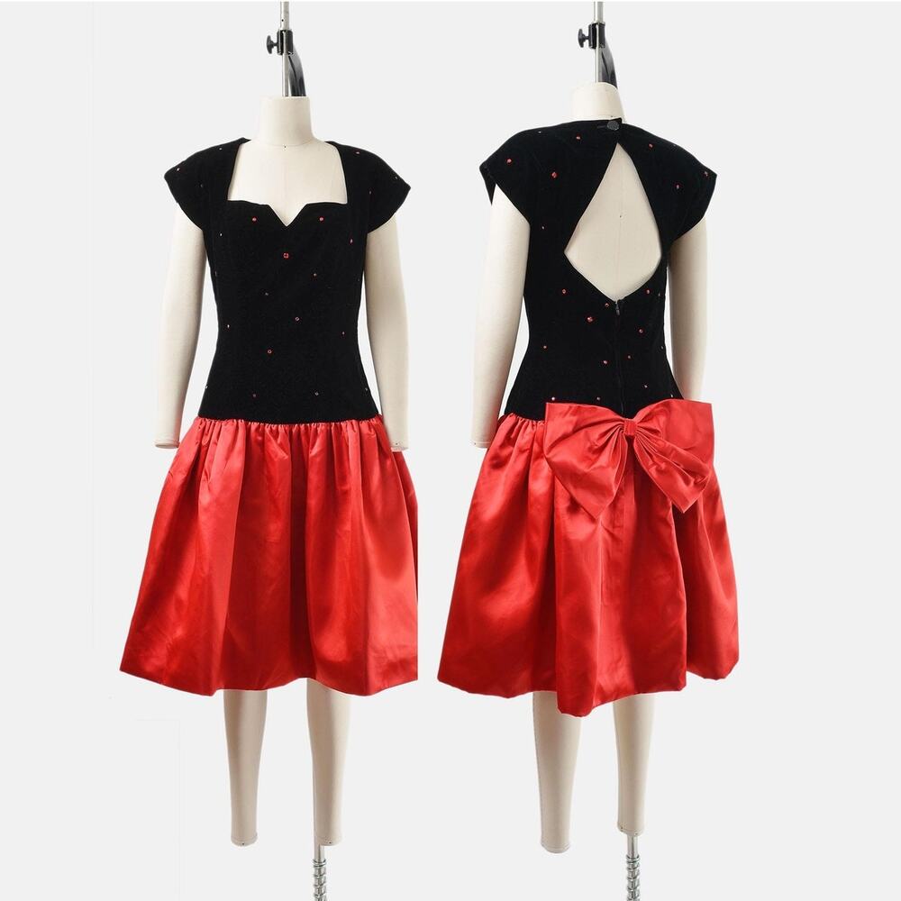 Vintage 80s Black Red Velvet Rhinestone Satin Drop Waist Party Dress with Bow